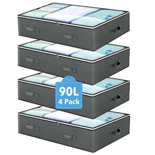 Behome 90L Under Bed Storage Containers, 4 Pack Closet Organizers and Under Bed Storage Bins, Foldable Underbed Storage Bags with Handles for Comforter, Blanket, Towels, Clothes, Gray