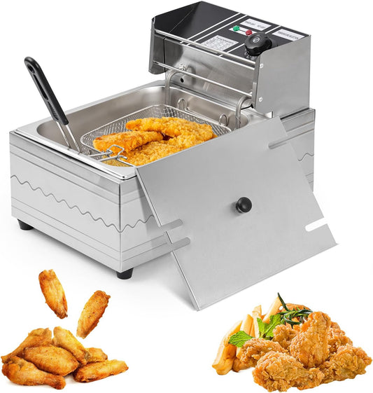BN-LINK Deep Fryer with Basket, 2500W 6.34QT/6L Thickened Stainless Steel Countertop Electric Oil Fryer, with Adjustable Temperature & Timer