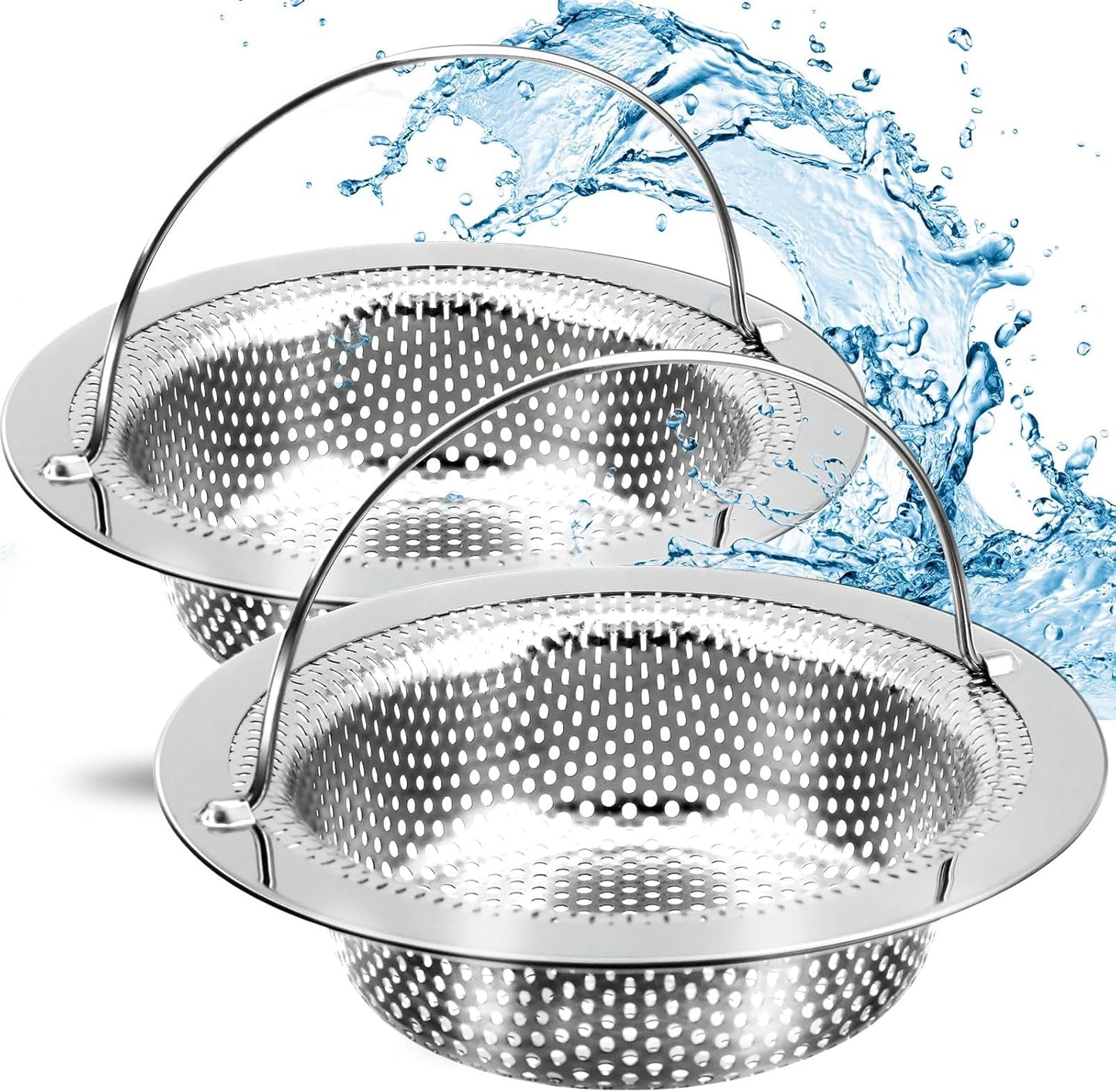 Behome 2 Pack Kitchen Sink Strainer, Stainless Steel Sink Drain Strainer with Handle, Suitable for Most Sink Drains, Anti Clogging, Silver