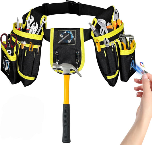 Behome Tool Belt, 26 Pockets Heavy Duty Tool Pouch, Detachable Adjustable Utility Belt Work Bags for Electrician, Carpenter, Black and Yellow
