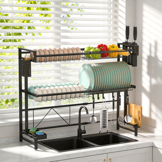 Behome Over The Sink Dish Drying Rack, 2 Tier Adjustable Stainless Steel Large Kitchen Dish Rack with Suction Cup, Snap-On Design, 24.4-39.37L x 11W x 28.74H inches(Expandable Length), Black