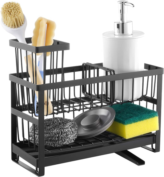 Behome 2-Tier Sponge Holder for Kitchen Sink, Sink Caddy Organizer with Brush Holder and Removable Drain Tray, Rustproof Countertop Organizer for Sponge, Soap Dispenser Storage Accessories