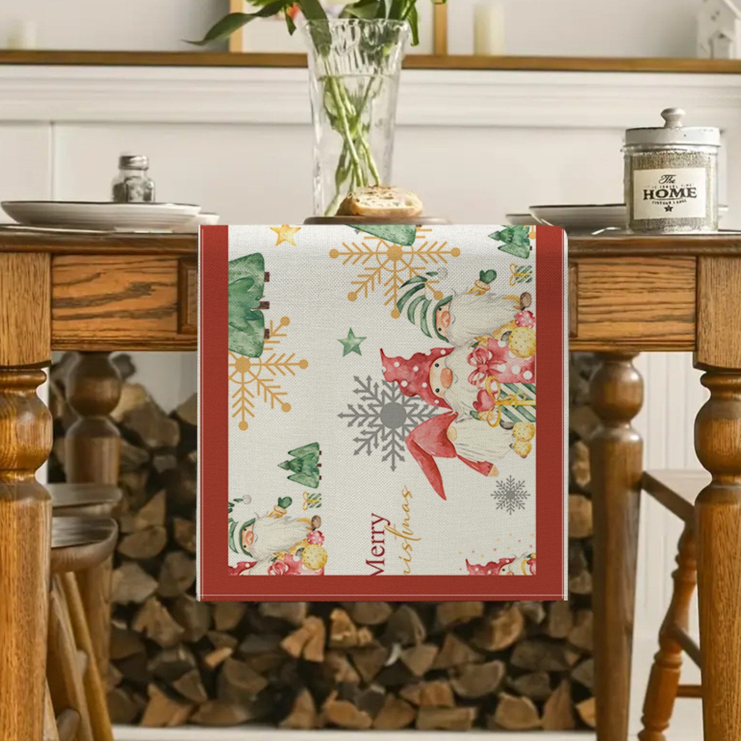 Behome Christmas Table Runner, 13 x 72 Inch Winter Christmas Table Decorations with Santa Claus & Merry Xmas, Christmas Holiday Home Decoration, Indoor/Outdoor Party Supply