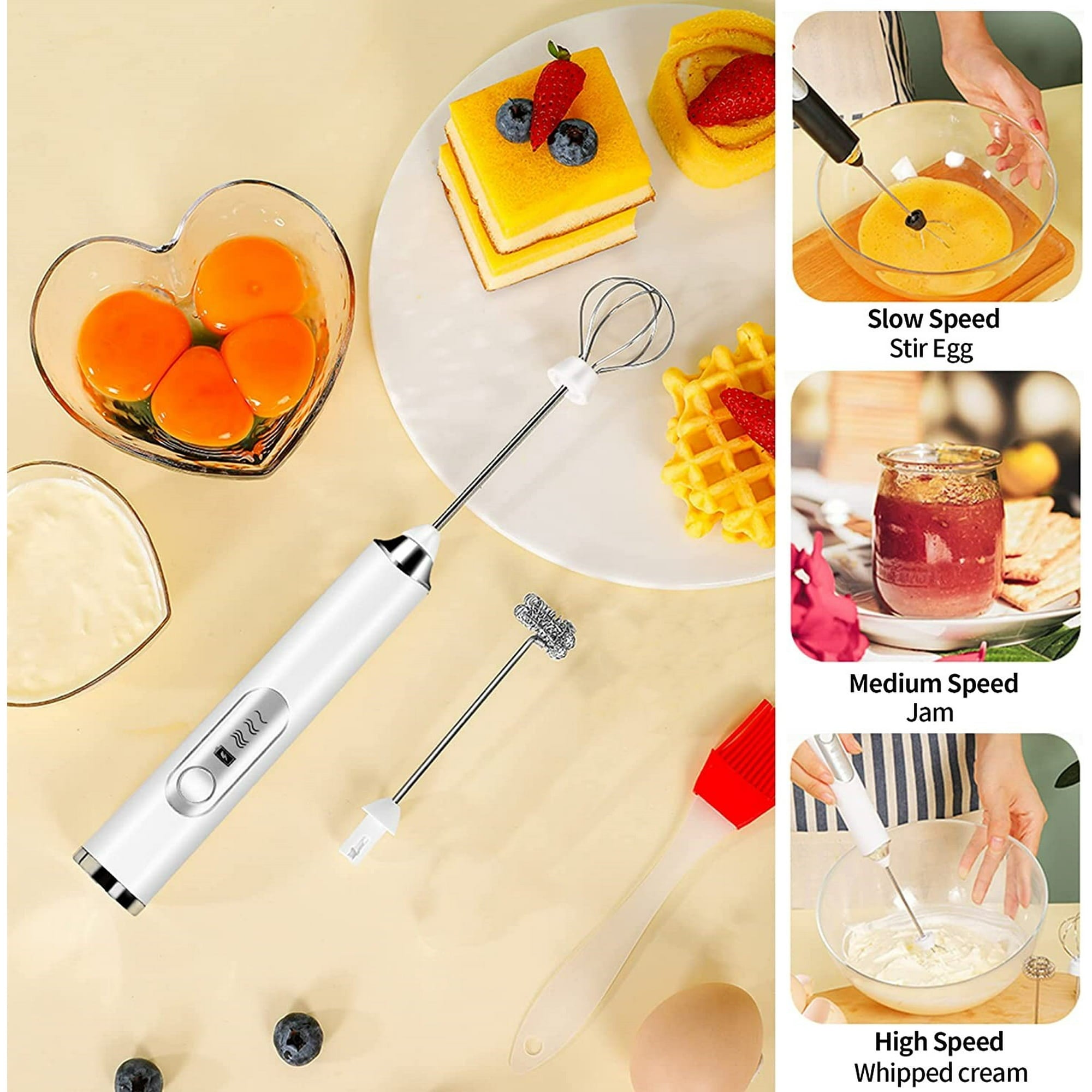 BN-LINK Handheld Milk Frother USB Rechargeable, with 2 Heads Coffee Whisk Foam Mixer, 3 Speeds Electric Mini Blender for Latte, Cappuccino, Hot Chocolate, Egg