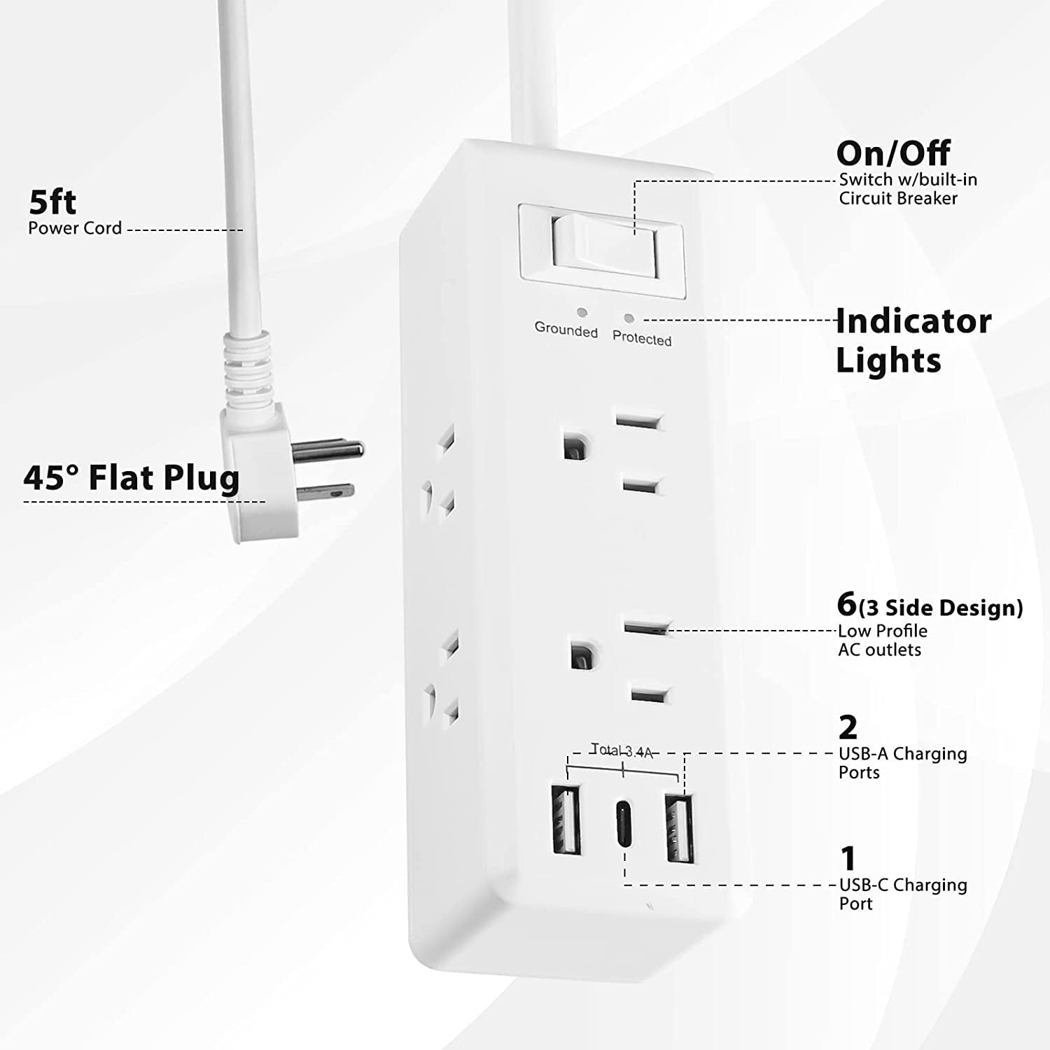 BN-LINK Surge Protector Power Strip with 6 Outlets 2 USB-A 1 USB-C (Total 3.4A), 3-Side Outlet Extender Strip with 5 Ft Extension Cord, Flat Plug, Desktop Charging Station for Travel, Home, Office