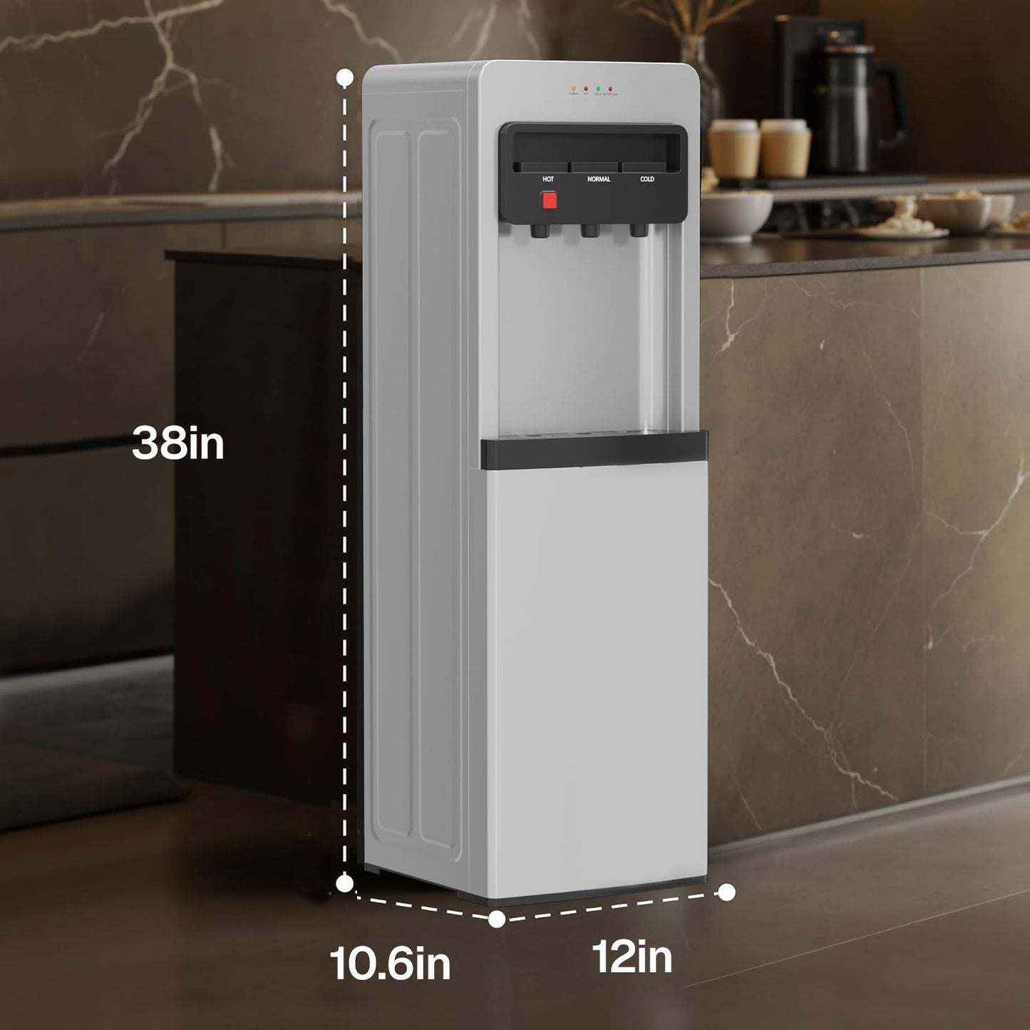 Behome Bottom Load Water Cooler Dispenser with Lack Water Alert, 3 Temperature Settings-Hot, Cold & Room-Temperature Water, Holds Up to 5 Gallon Bottles, for Homes, Kitchens, Dorms