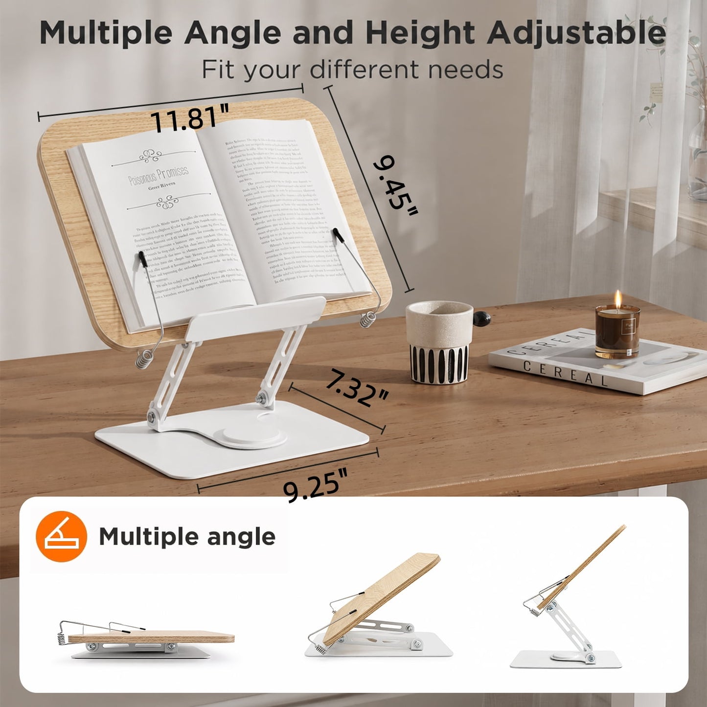 Behome Wood Book Stand, Adjustable Cookbook Stand with 360°Swivel Base & Page Paper Clips, Foldable Book Holder for Music Book, Tablet, Kitchen & Office