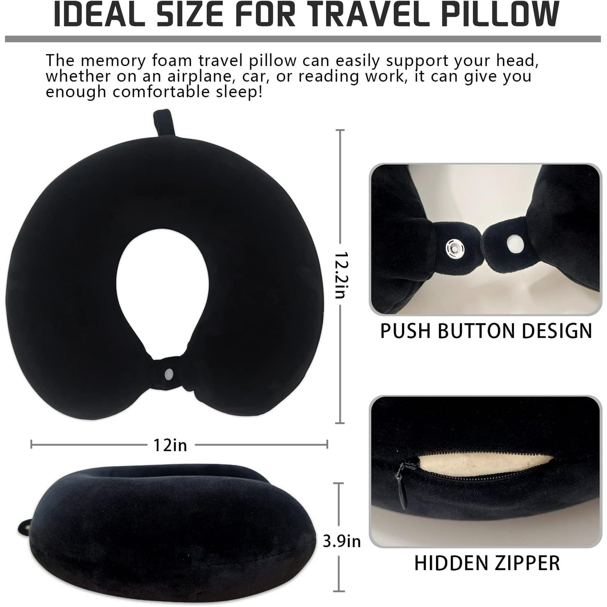 BN-LINK Memory Foam Travel Pillows for Airplanes - Neck Pillow for Traveling with Attachable Snap Strap Soft Washable Cover, Flight Pillow for Sleeping, Car, Home, Office, Black