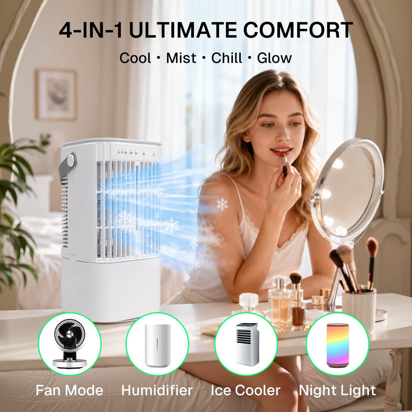 Behome Mini Portable Air Conditioners, 4-in-1 Personal Mini Air Conditioner Cooling Fan, Cooling Fan with 3 Speeds & 3 Mist, 7-Color Night Light, 900 ML Small Cooling Fan For Indoor Office Bedroom