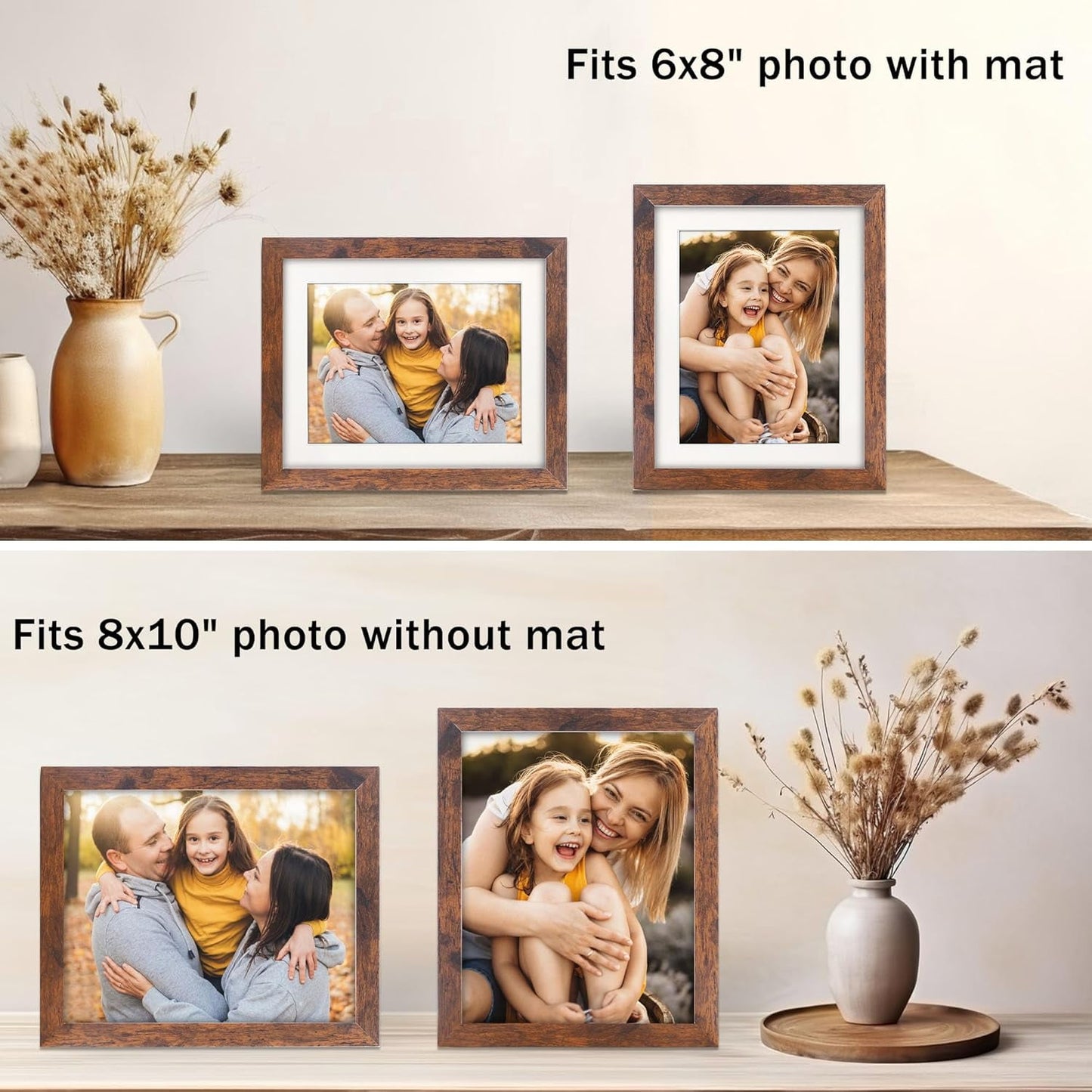 Behome 2 Pack 8 x 10 Picture Frame, Display Pictures 5x7 with Mat or 8x10 Without Mat, Photo Frame for Wall Mounting or Tabletop Display, Brown