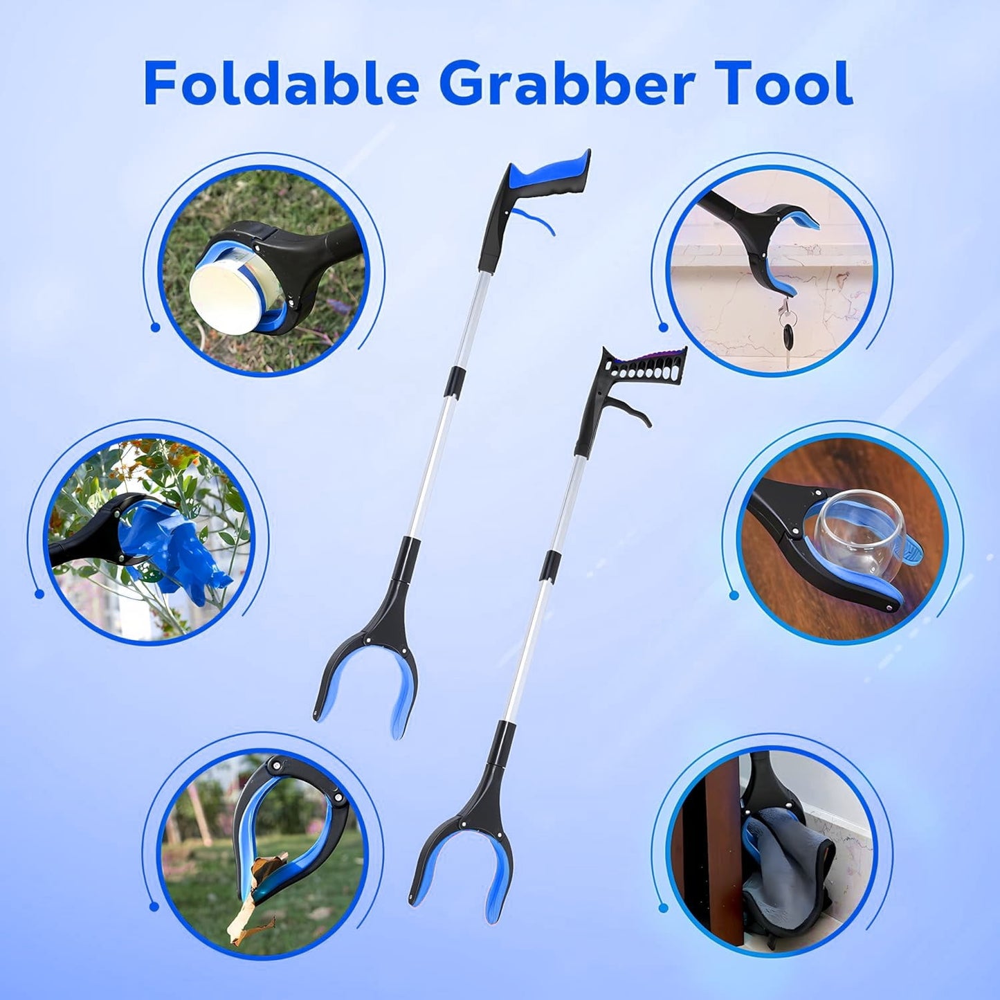 Behome 33” Grabber Reacher Tool, Foldable Reacher Grabber Pickup Tool with 360°Rotating Jaw & Magnets, Grabbers for Seniors for Outdoor & Indoor (2 Pack, Blue)