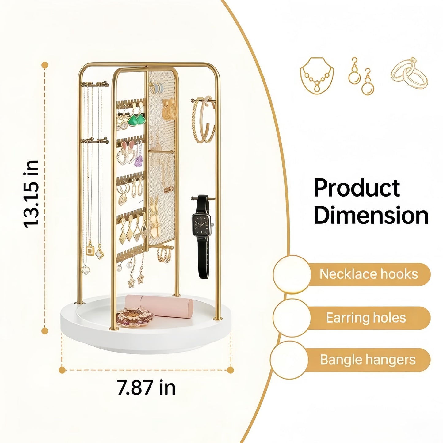 Behome Jewelry Stand, 5 Tier Large Necklace Holder with Wood Base, Jewelry Holder Organizer for Bracelet, Necklace, Earrings, Rings, Gold