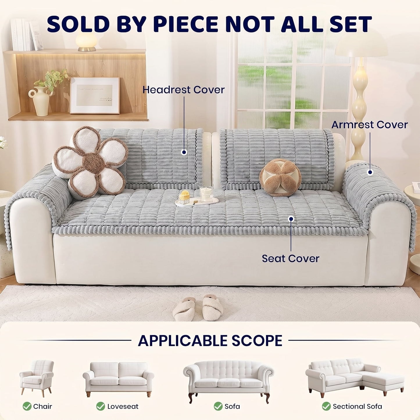 Behome Thicken Flannel Couch Cover for 2 Cushion Couch, Non-Slip Washable Sofa Cover, Pet-Friendly Furniture Protector for Dogs & Cats (Grey, 27.6" x 59.1")