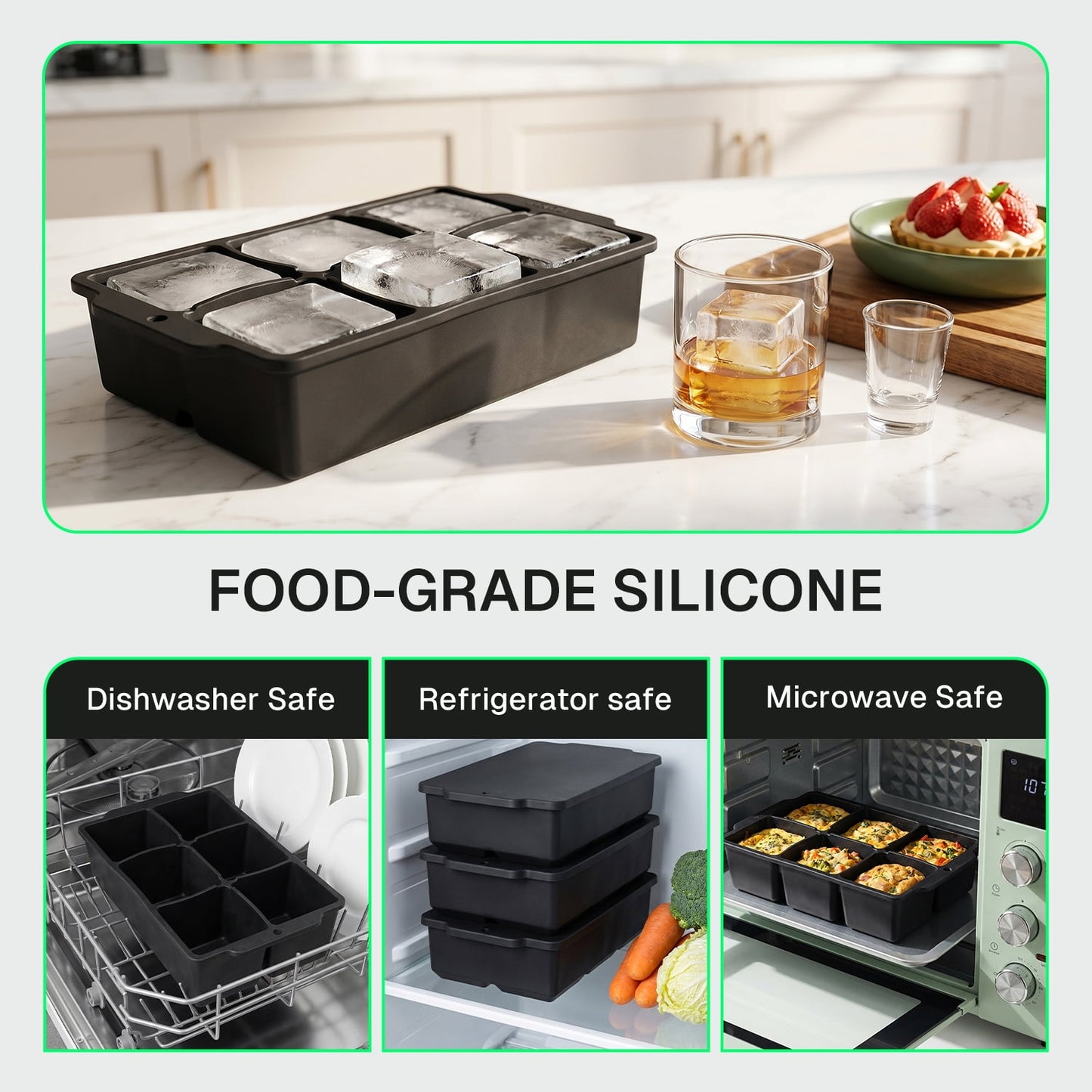 Behome 3 Pack Ice Cube Tray with Lid, 7 inch Cube Ice Trays for Cocktail Whisky, Ice Maker Tray with Lid for Freezer, Easy Release, Black