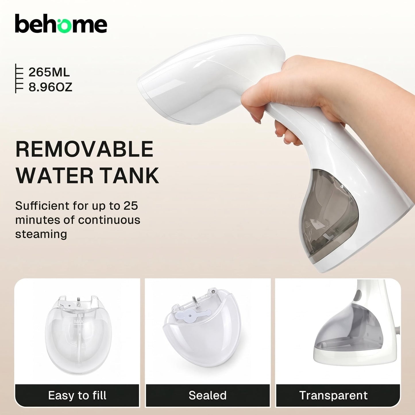 Behome 3 Level Handheld Steamer for Clothes, 265ml Large Capacity & Fast 30s Heat-up, Clothes Steamer with Brush, Travel Steamer for Home, Office