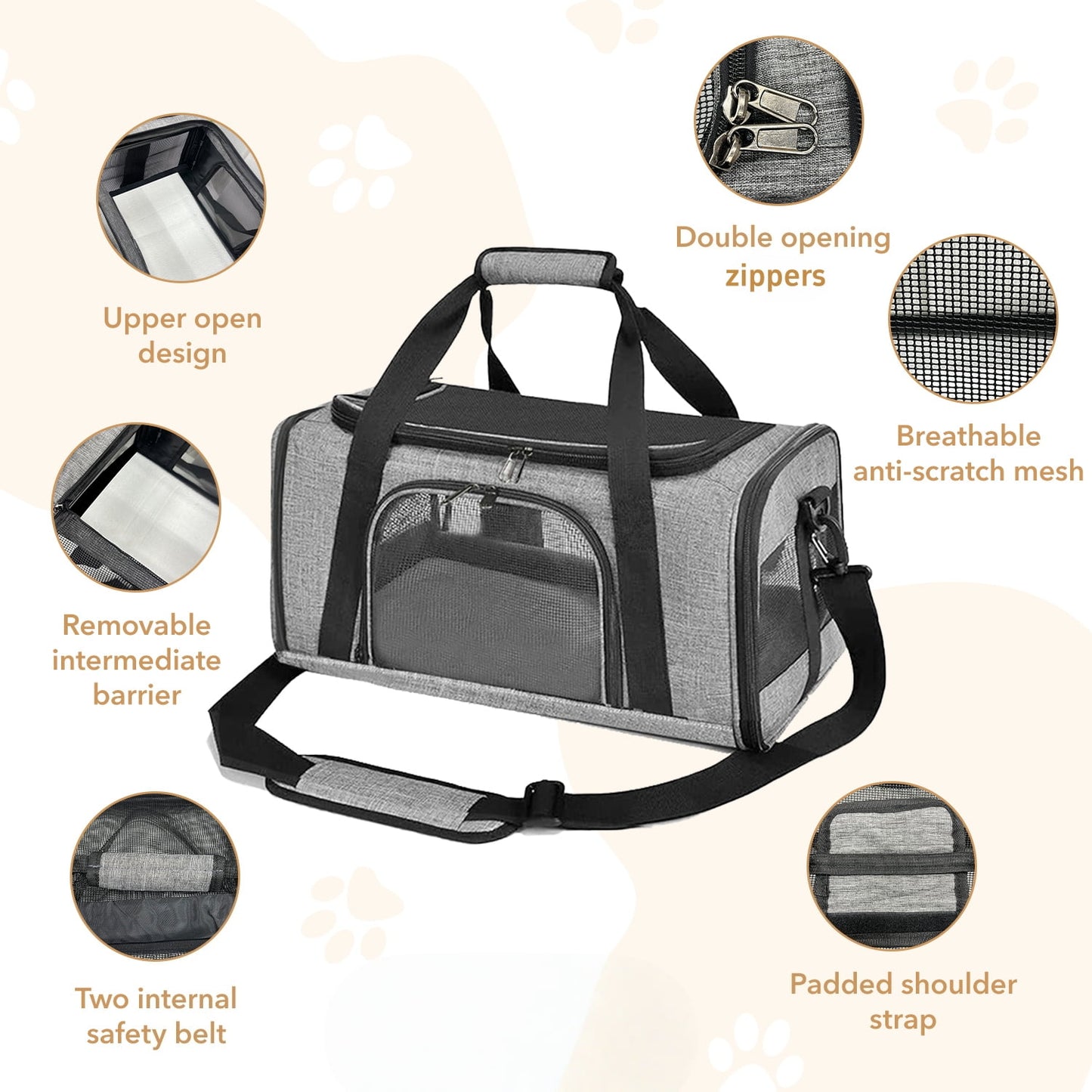 Behome Cat Carrier, Airline Approved, Collapsible Travel Pet Carrier for Small Cats & Dogs, Travel Bag with Adequate Ventilation & Removable Fleece Pad, Grey