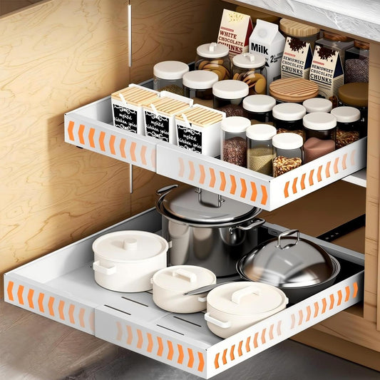 Behome 2 Pack Pull out Cabinet Organizer, Expandable (11.6"-20.5") Slide out Drawers Upgrade 3 Slide Rails, Roll out Shelf Storage for Kitchen Cabinet Organizer with Adhesive Nano Film, White