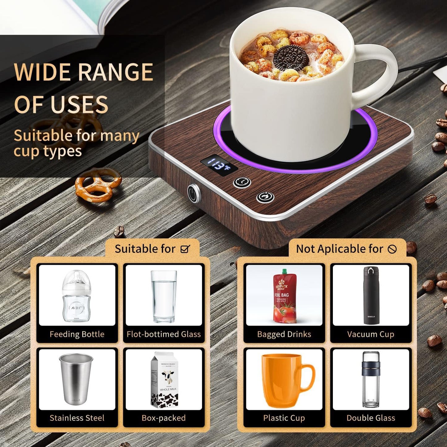 BN-LINK Coffee Mug Warmer with Light, Electric Cup Warmer for Desk with 3 Temperature Settings, Auto Shut Off, Beverage Warmer for Heating Coffee, Milk, Tea and Hot Chocolate(Wood Color)