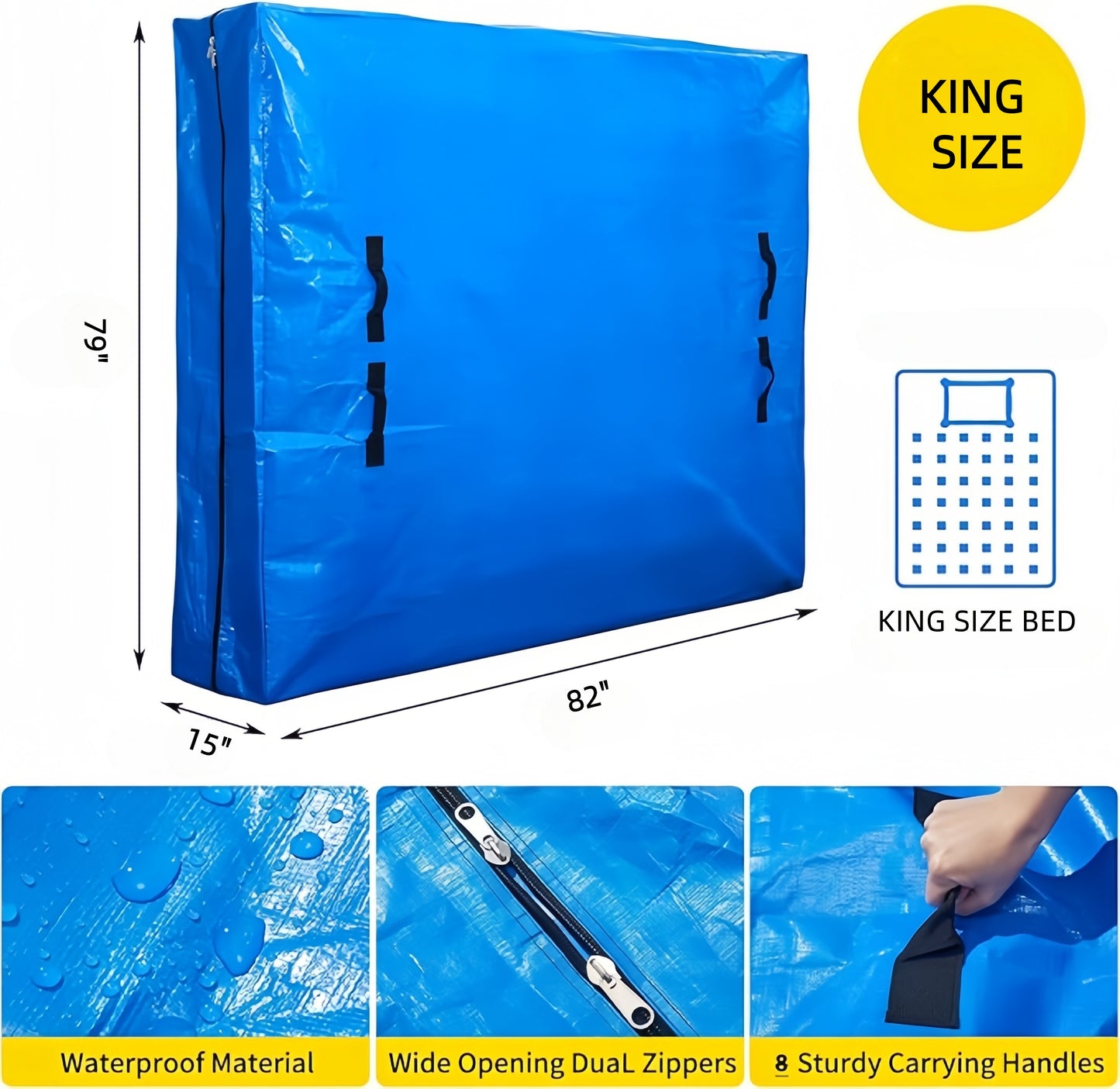 BN-LINK King Size Mattress Bag, Heavy Duty And Waterproof Zipped Mattress Cover with 8 handles, Reusable Mattress Bags for Carrying Household Essentials, 82” L x 79” W x 15” D