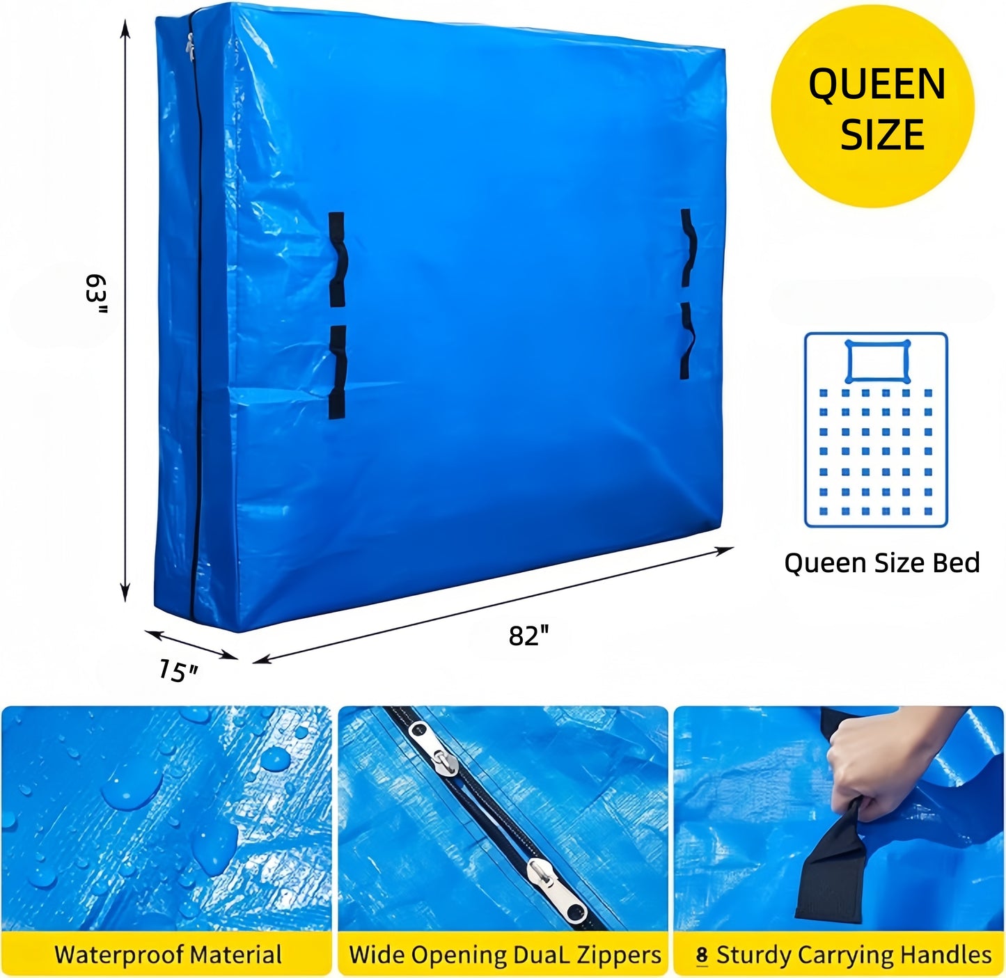 BN-LINK Queen Size Mattress Bag, Heavy Duty And Waterproof Zipped Mattress Cover with 8 handles, Reusable Mattress Bags for Carrying Household Essentials, 82” L x 63” W x 15” D