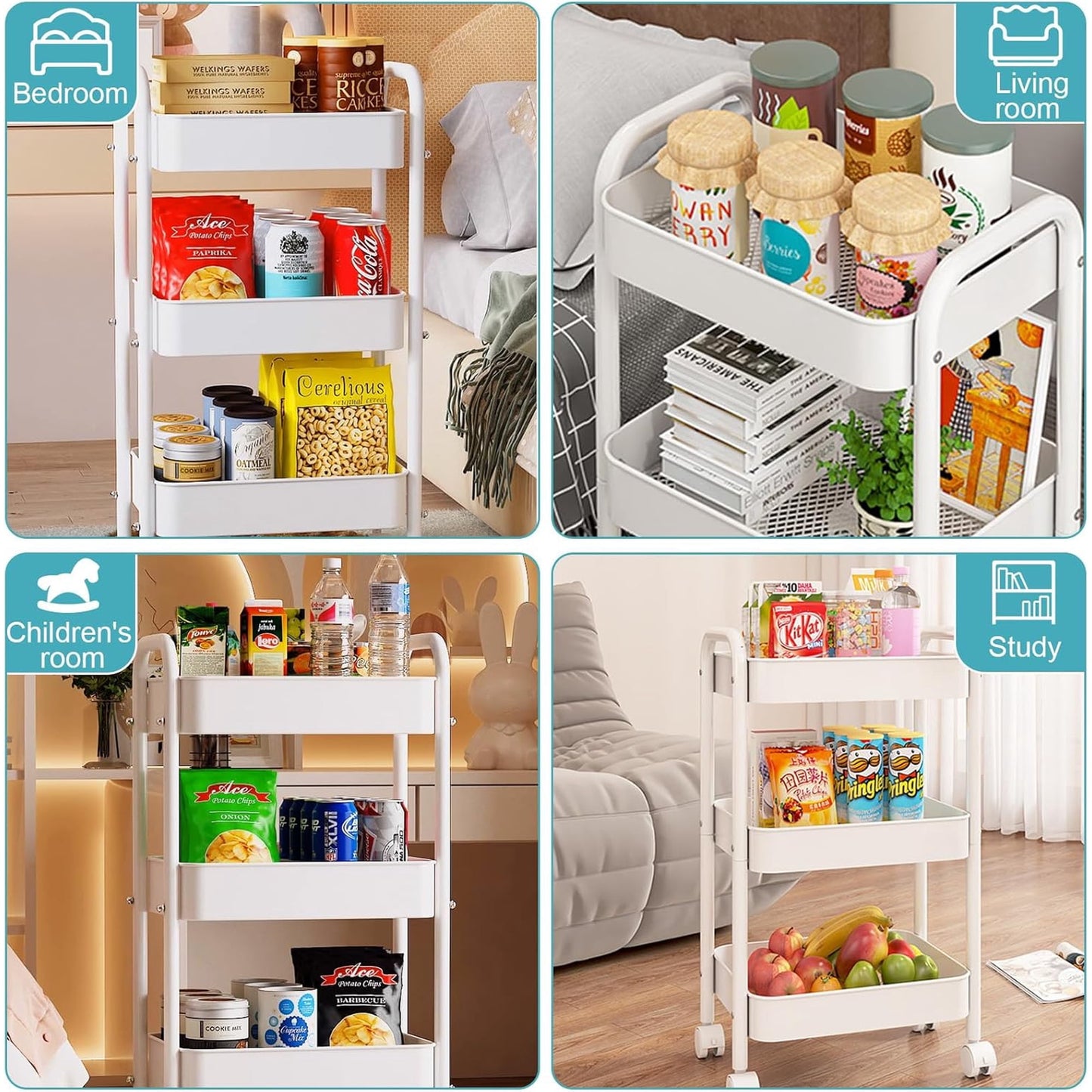 Behome Rolling Cart, 3 Tier Storage Trolley with Handle, Utility Cart with Plastic Shelf & Lockable Wheels, Kitchen Storage Organizer for Bathroom, Office, Bedroom, White