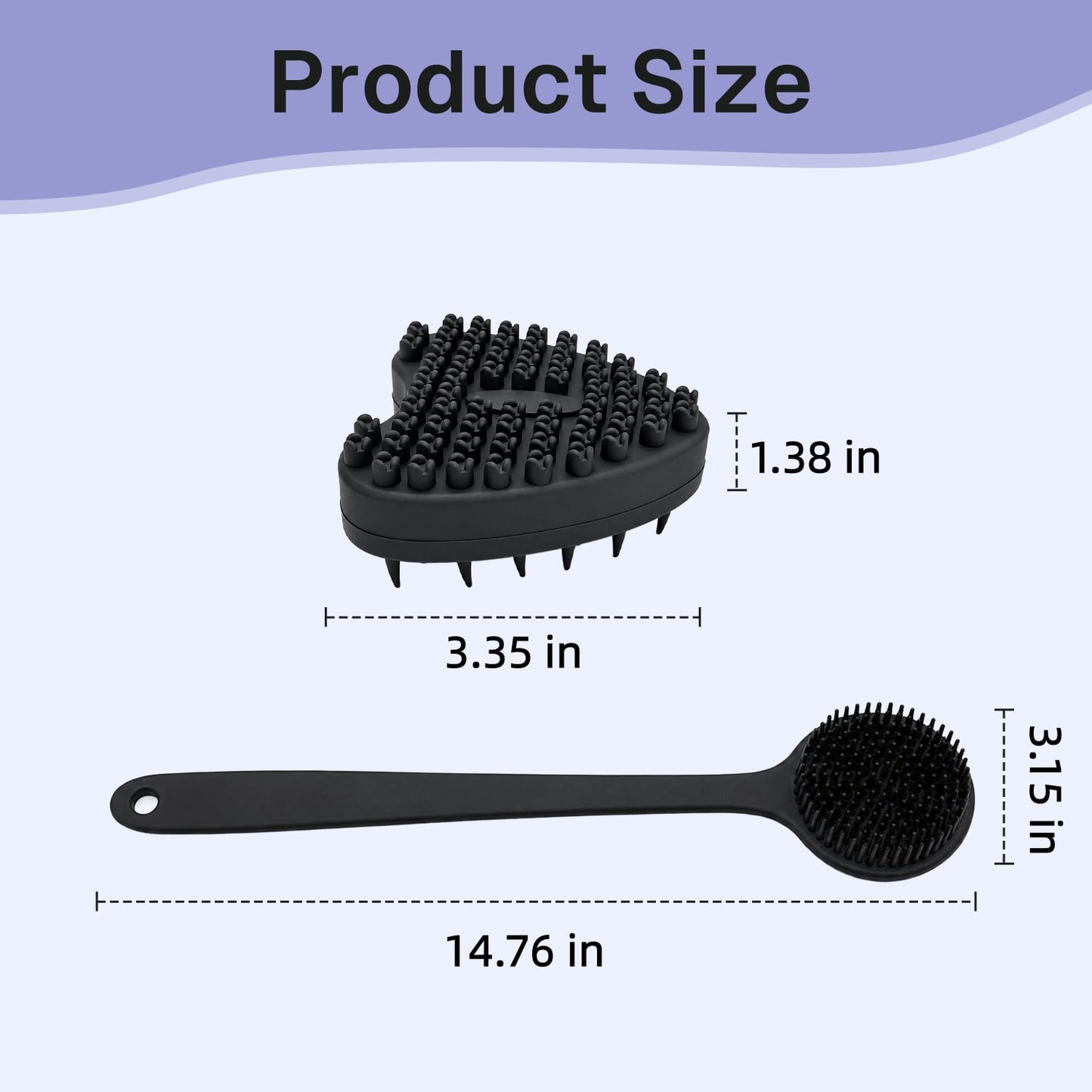 Behome Back Scrubber for Shower & Heart-shaped Shampoo Brush, Anti Slip Long Handle Bath Brush , Silicone Bath Accessory for Men & Women (Black)