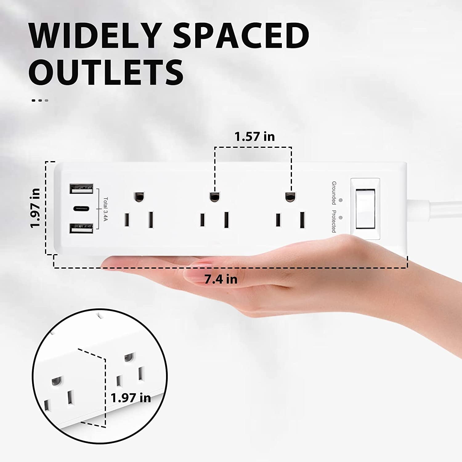 BN-LINK Surge Protector Power Strip with 9 Outlets 2 USB-A 1 USB-C (Total 3.4A), 3-Side Outlet Extender Strip with 5 Ft Extension Cord, Flat Plug, Desktop Charging Station for Travel, Home, Office