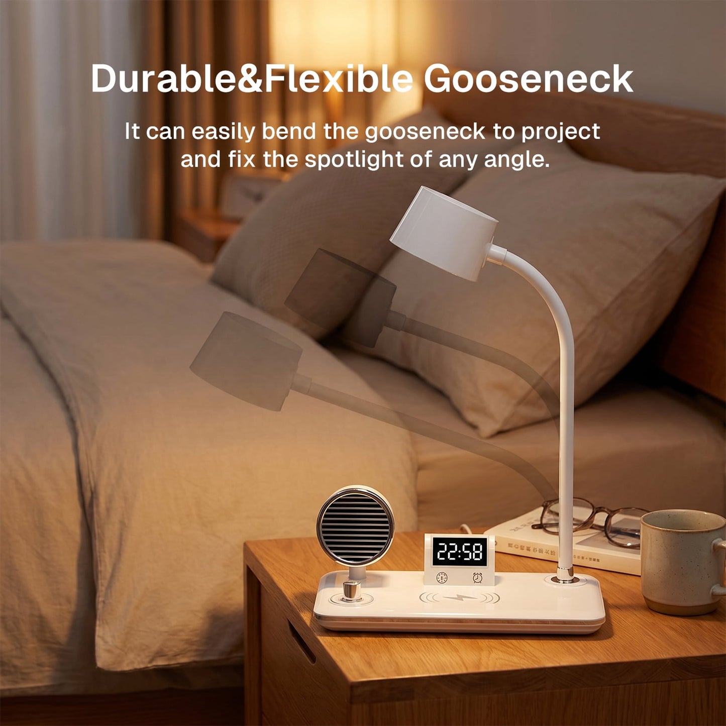Behome 4-in-1 Desk Lamp with Wireless Charger, Digital Clock & Bluetooth Speaker, Eye-Caring 3-Color Dimmable Table Lamp, Flexible Gooseneck Desk Light for Home Office
