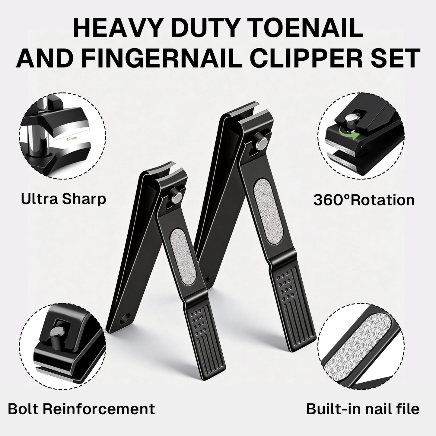 Behome Nail Clippers Set, Ultra Sharp Stainless Steel Fingernail & Toenails Clipper and Nail File with Tin Case, Black