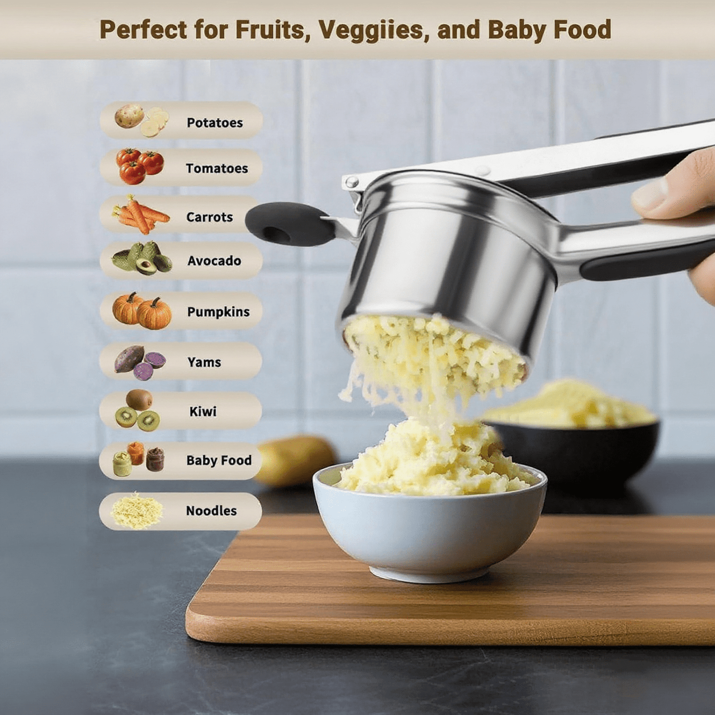 Behome Potato Ricer with 3 Interchangeable Discs, 15 oz Heavy Duty Stainless Steel Potato Masher and Ricer, Kitchen Gadget for Mashed Potatoes, Carrots