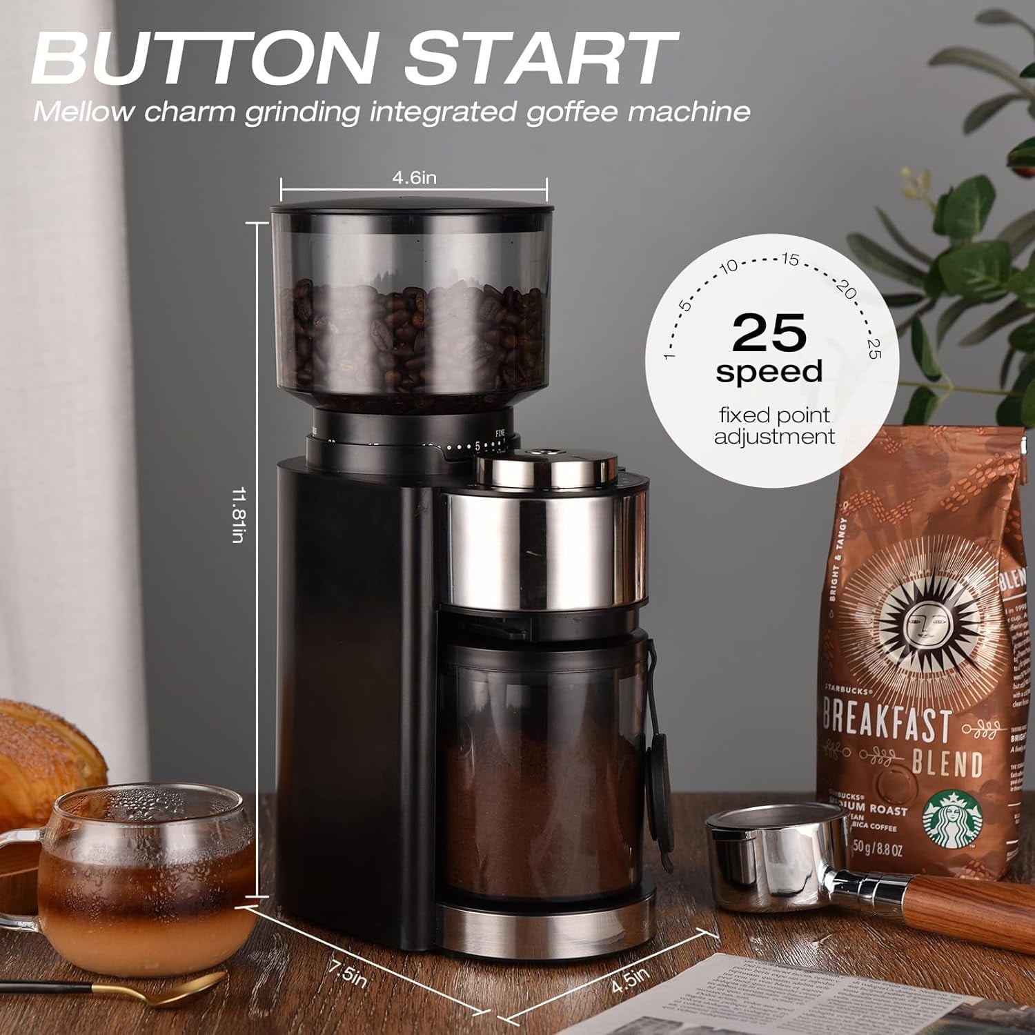 Behome Coffee Grinder Electric, Burr Grinder, One Touch Operation, Removable Container & Easy to Clan, Adjustable & Automatic, 25 Grind Settings - Fine to Coarse(Black)