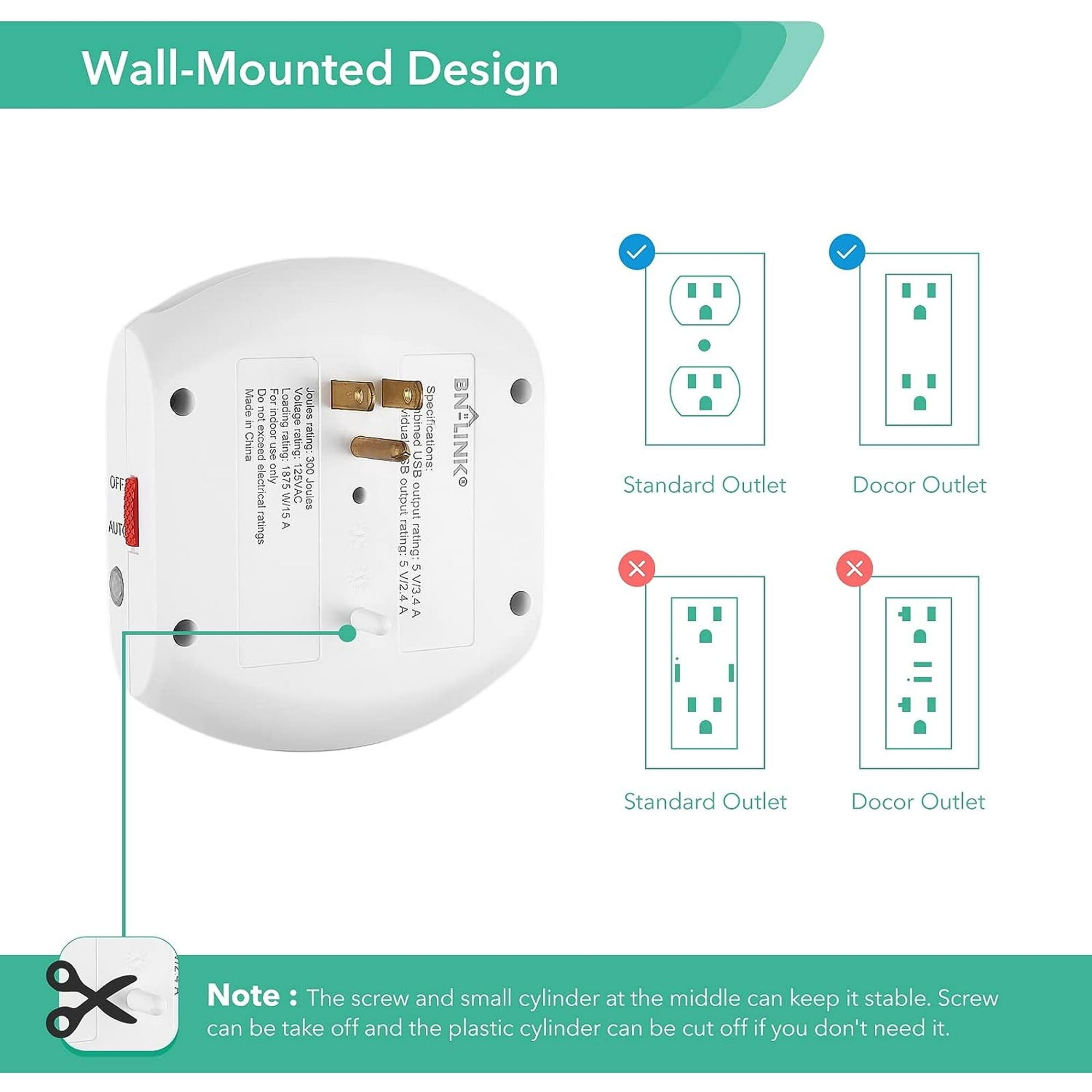 BN-LINK Multi Plug Outlet, USB Wall Charger Surge Protector with 3 Outlets, 3 USB Charging Ports(Total 3.4A) and Auto Sensor LED Night Light, Wall Plug Adapter for Traveling, Home, School, Office