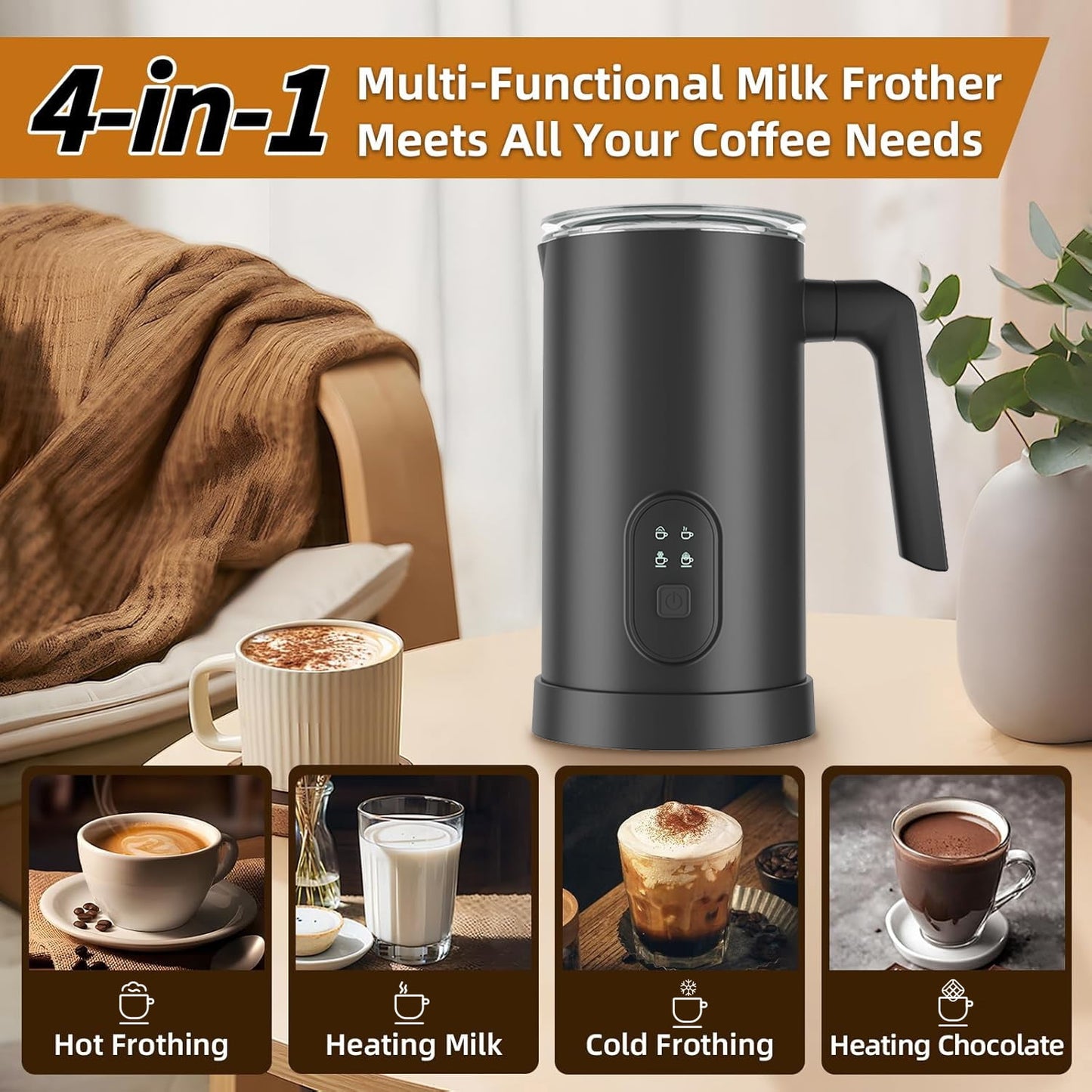Behome Milk Frother, 4 in 1 Electric Milk Steamer, 11.8oz/350ml Automatic Hot and Cold Foam Maker and Milk Warmer for Latte, Cappuccinos, Macchiato, Hot Chocolate, Black