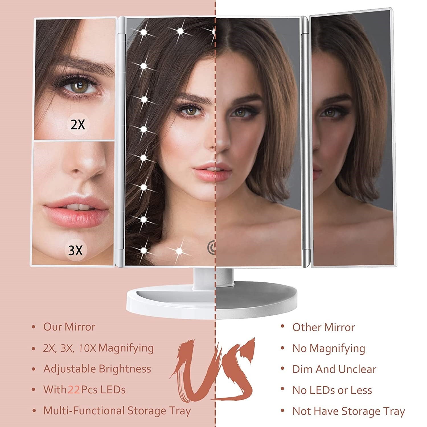 BN-LINK Makeup Mirror with Lights, 1X 2X 3X Magnification with 10x Magnifying Mirror, Lighted Makeup Mirror, Touch Control, Trifold Makeup Mirror, Portable LED Makeup Mirror, White