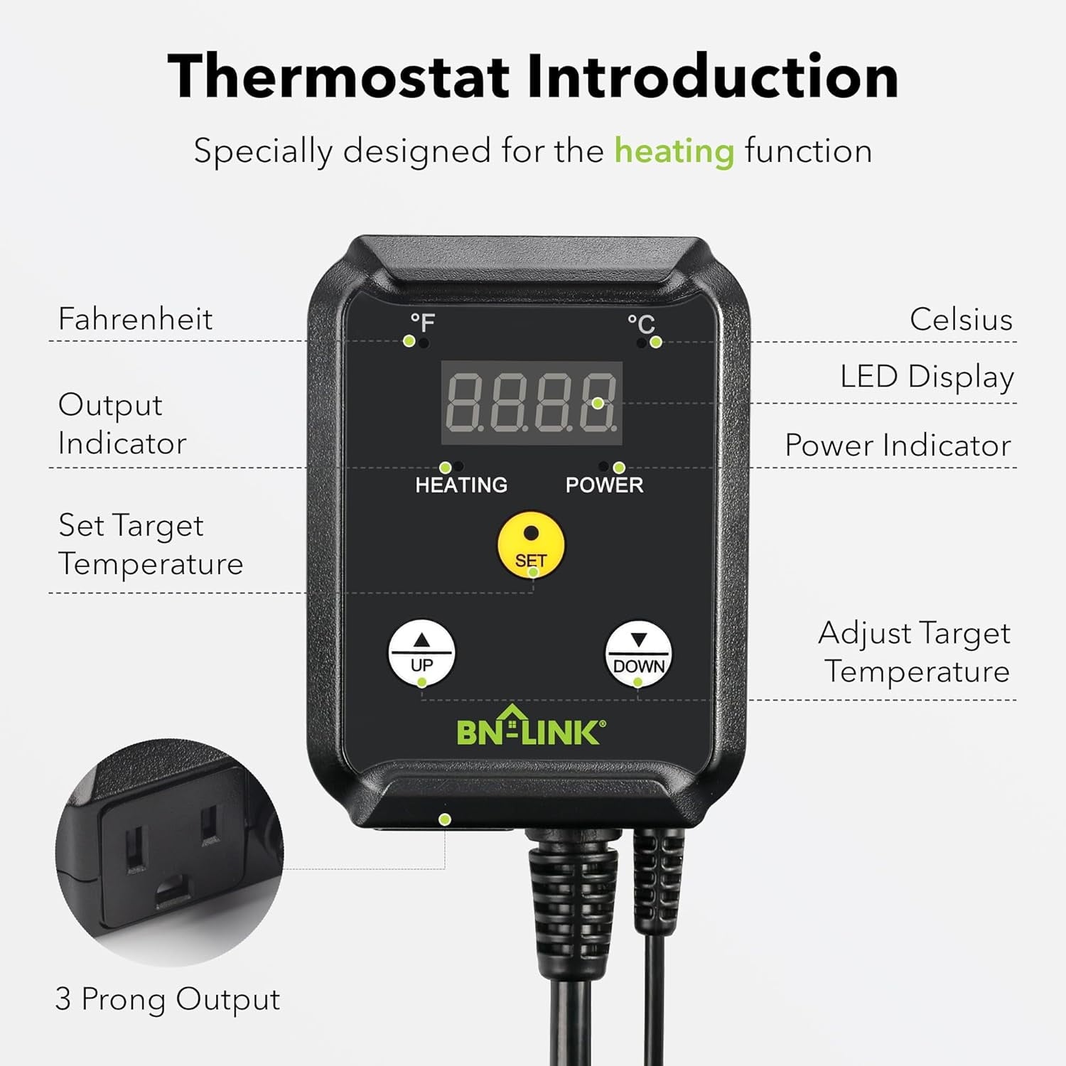 BN-LINK Digital Heat Mat Thermostat Temperature Controller for Seed Germination, Reptiles and Brewing Breeding Incubation Greenhouse, 40-108°F, 8.3A 1000W ETL Listed