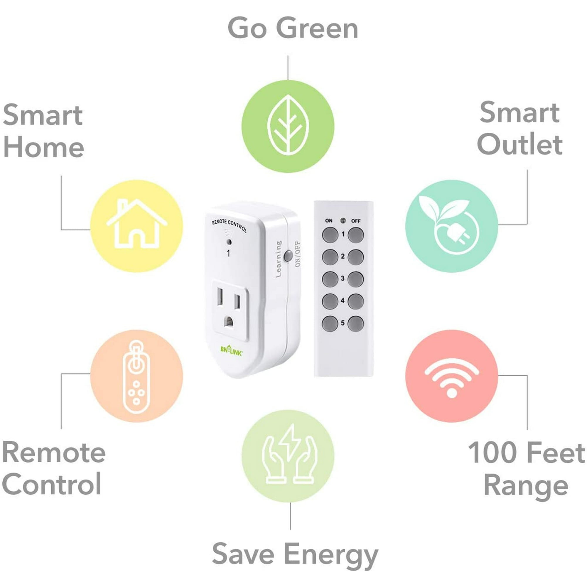 BN-LINK Wireless Remote Control Outlet with Extra Long Range, for Household Appliances, White (2 Remotes + 5 Outlets)