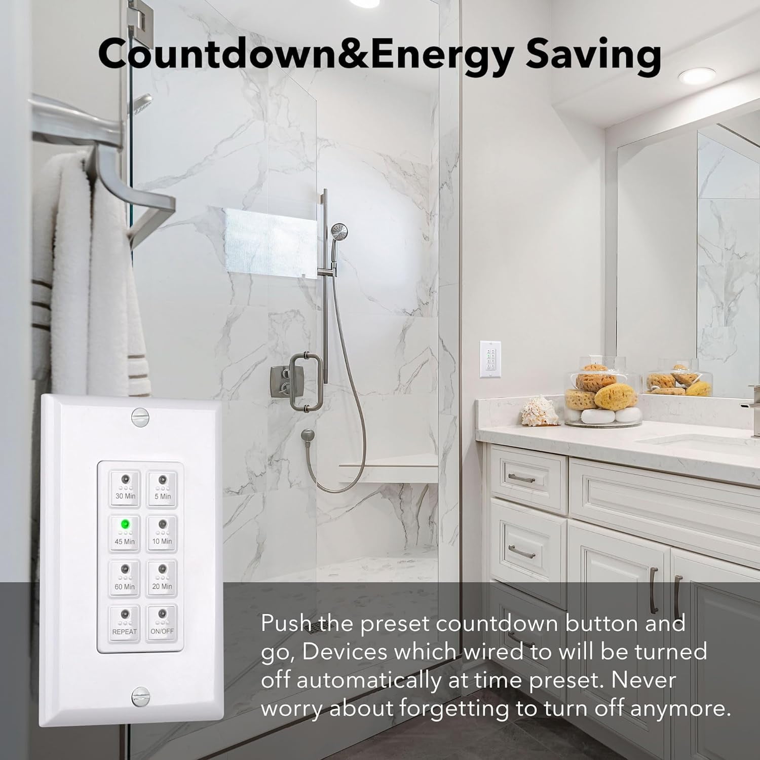 BN-LINK Countdown Digital in-Wall Timer Switch with Push Button 5-10-20-30-45-60mins, for Bathroom Fan ,in-Wall Light Timer, Neutral Required, Free Plate, White