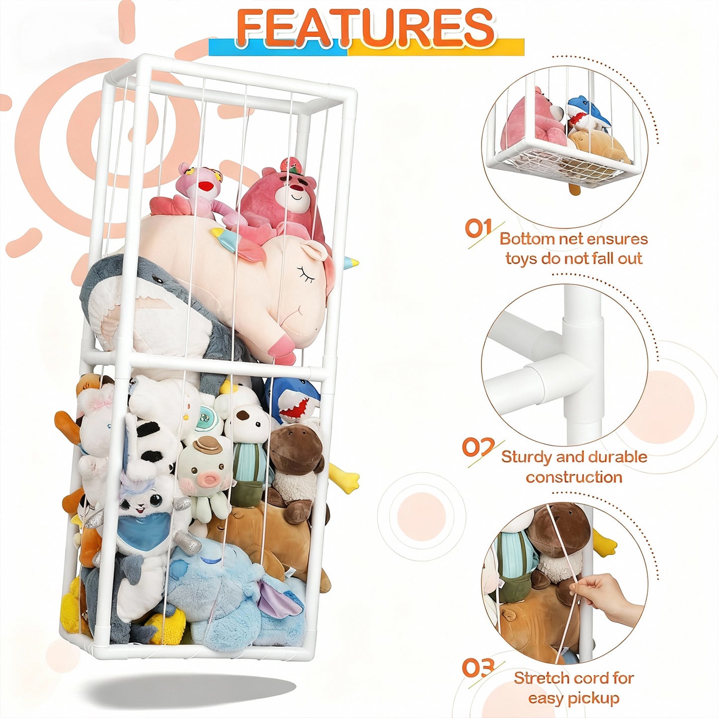 Behome Stuffed Animal Storage, Stuffed Animal Organizer with Elastic Cords for Boys Girls, Cute Zoo Toy Holder for Toddler Rooms, Playrooms & Bedrooms, White