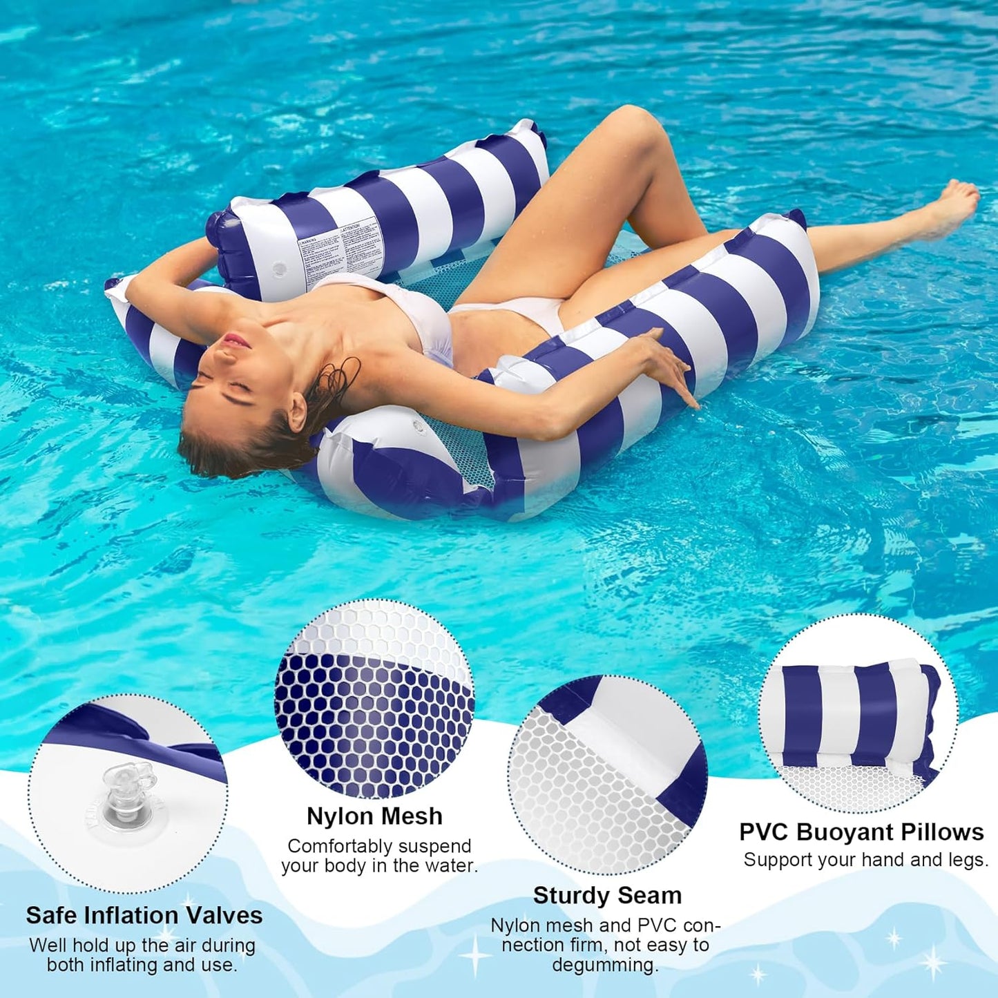 BN-LINK 4-in-1 Inflatable Pool Floats Adult, 2 Pack Multi-Purpose Water Hammock, Floating Lounger for Swimming Pool Lake Beach, Adults Vacation Fun and Rest(Dark Blue+Red)