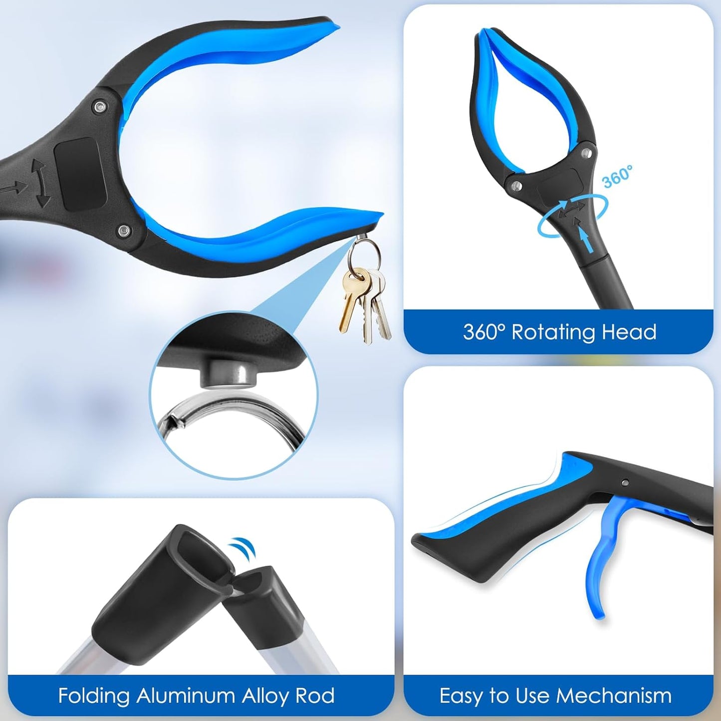 Behome 33” Grabber Reacher Tool, Foldable Reacher Grabber Pickup Tool with 360°Rotating Jaw & Magnets, Grabbers for Seniors for Outdoor & Indoor (Blue)