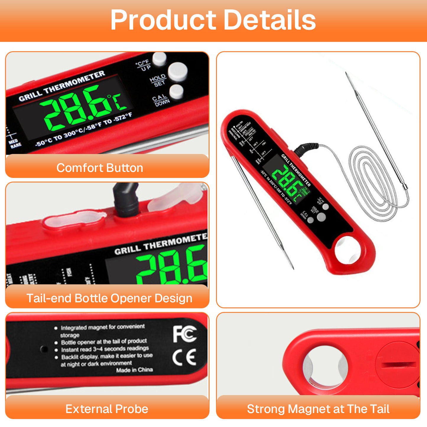 Behome Meat Thermometer, Instant Read Meat Thermometer Digital with Dual Probe, Waterproof Food Thermometer for BBQ,Grill, Fry, Oven, Candy Making