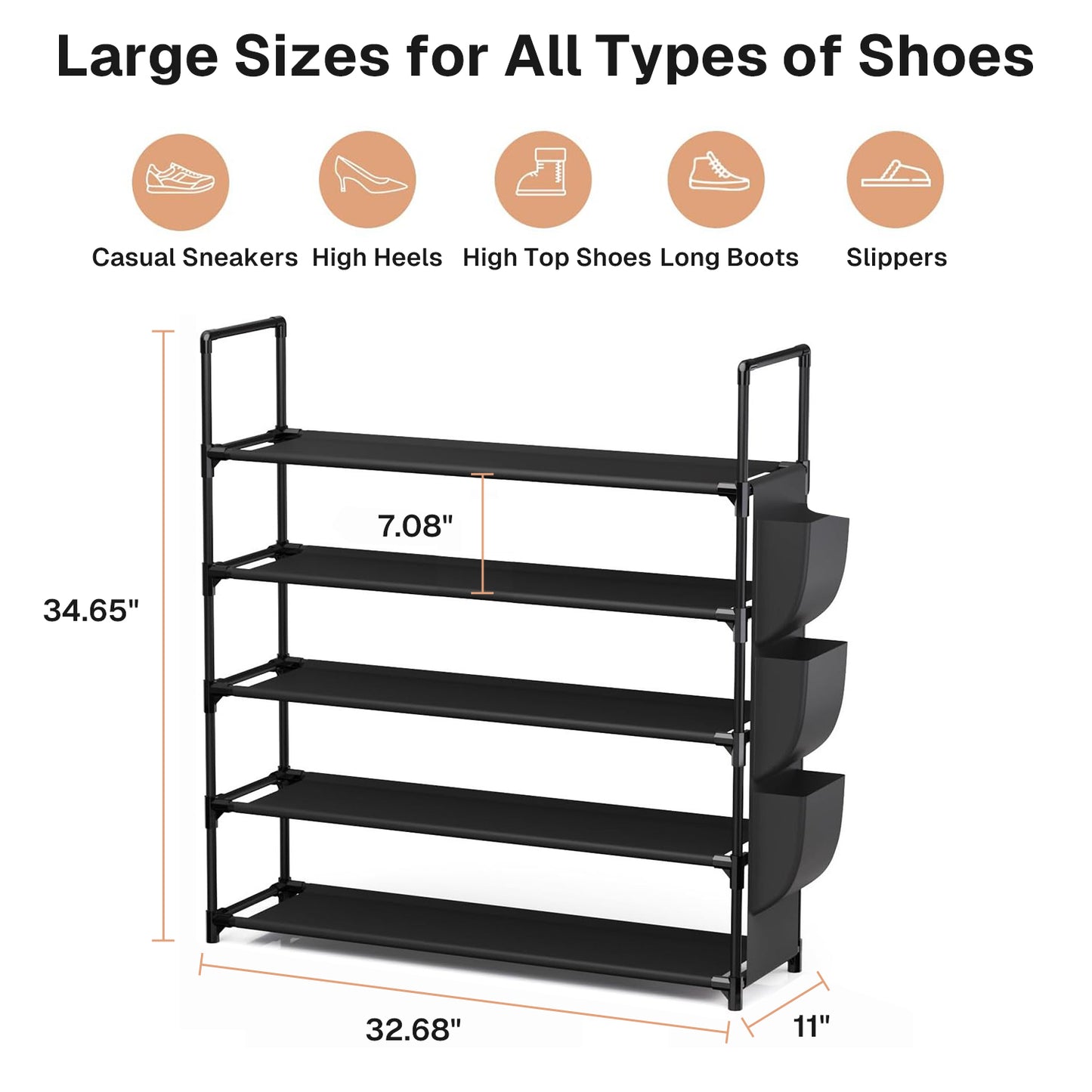 Behome 5-Tier Metal Shoe Rack, Shoe Rack Storage Organizer with Side Pocket, Shoe Shelf for Entryway, Closet, Bedroom, Living Room, Black