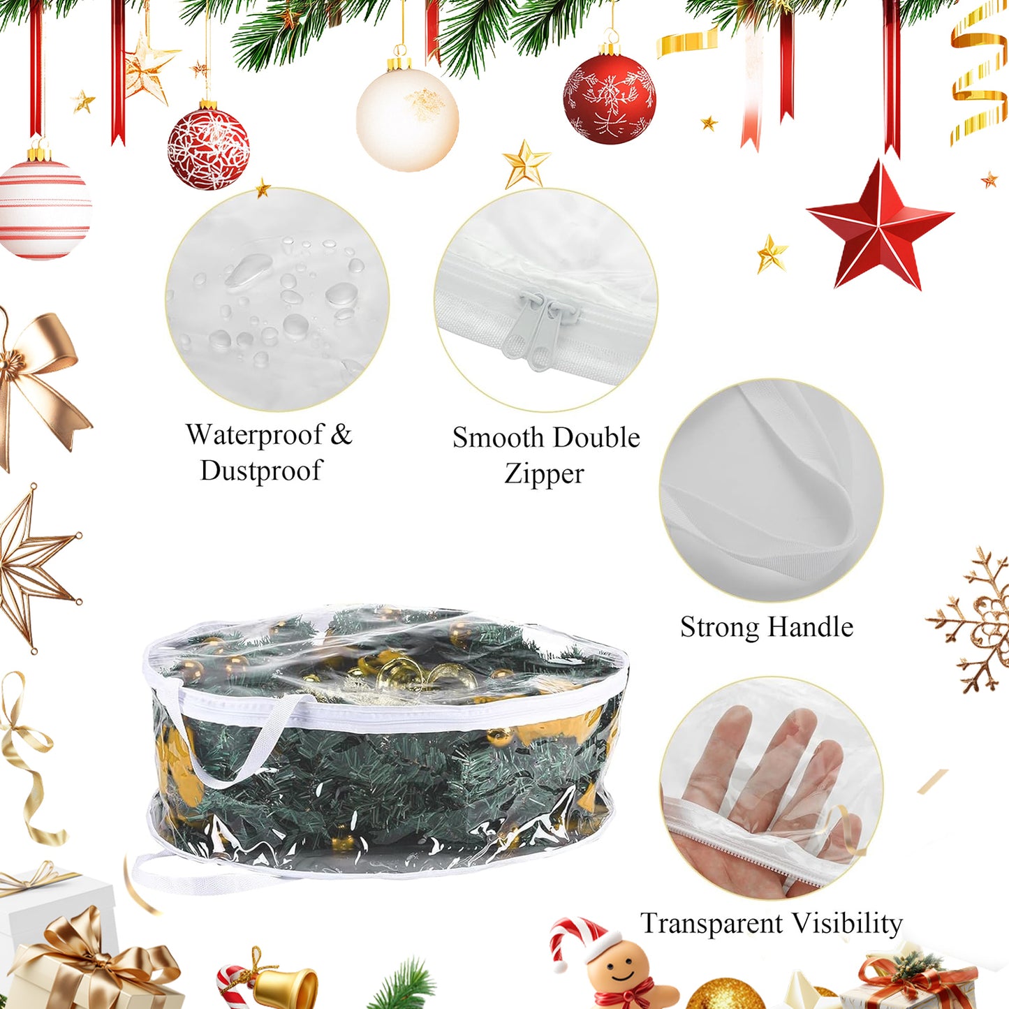 Behome 2 Pack Christmas Wreath Storage Bag, Clear Christmas Decoration Garland Container, Durable Zipper PVC Holiday Wreaths Storage Holder with Handles (White, 24”)