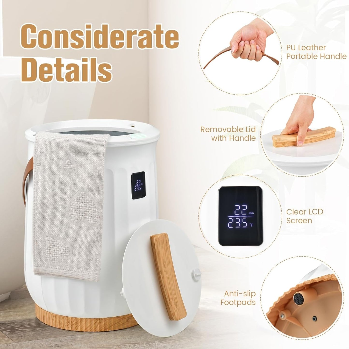 Behome Tower Warmer, 20L Large Hot Towel Warmers Bucket with LED Display, Auto Shut Off, Child Lock, Heat Timer 15/30/45/60 Min Adjustable, for Hot Tub, Bathroom, Spa, White