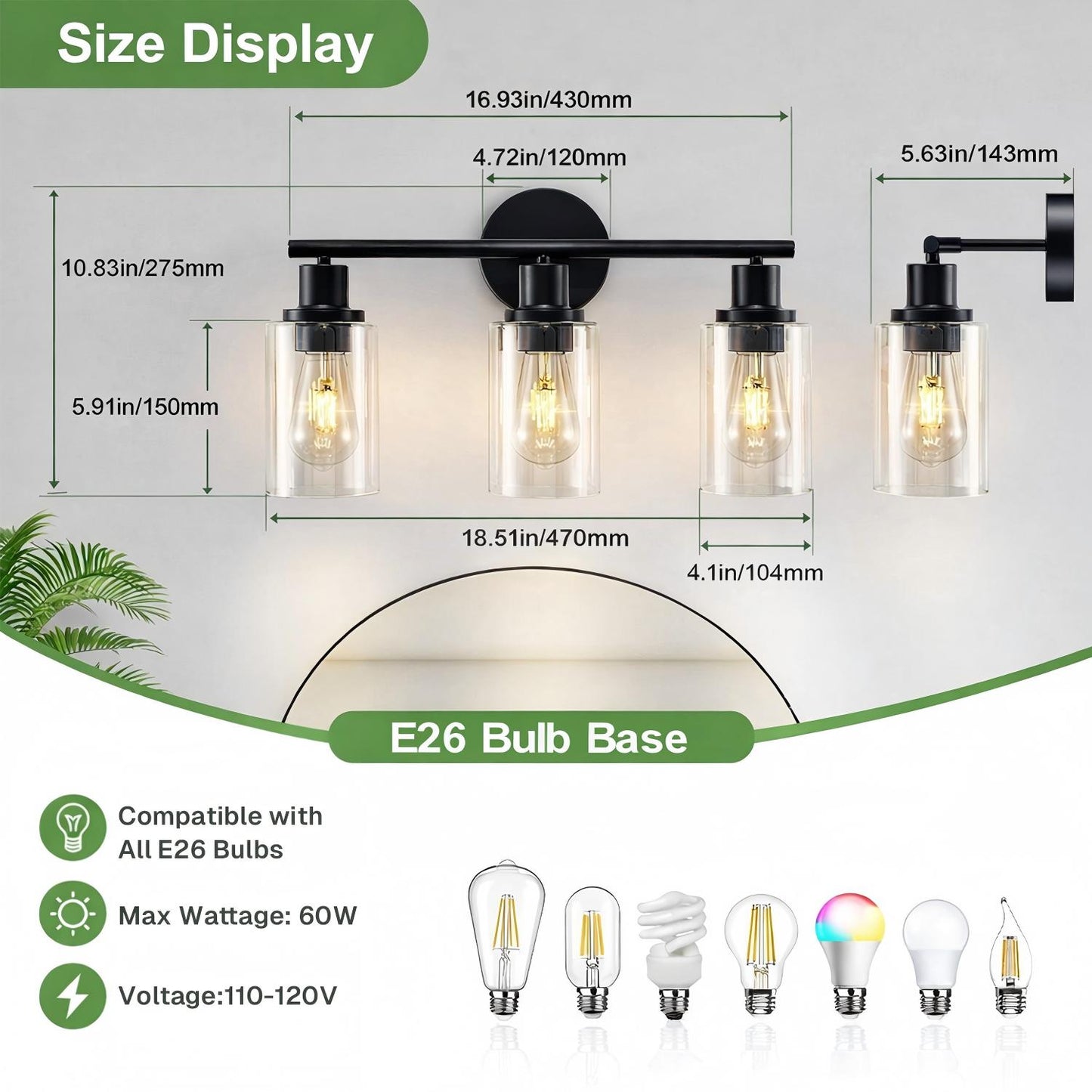 Behome 3-Light Bathroom Light Fixtures, 16.93" Black Modern Vanity Lights with Clear Glass Shade, Bathroom Wall Lamp for Mirror Kitchen Living Room Hallway Cabinet Porch, E26 Base, Bulbs Not Included