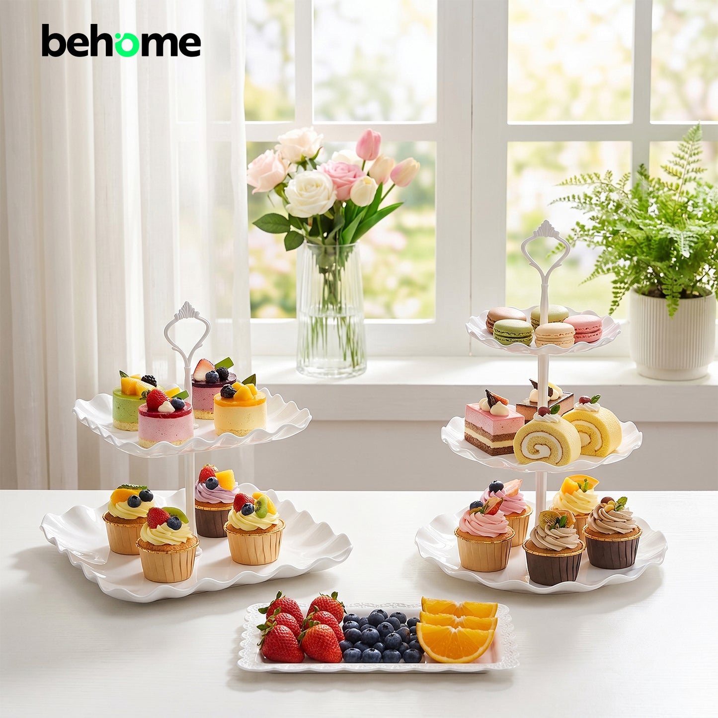 Behome 10Pcs Cupcake Stand, Cake Stand with Handle, 3 Two-Tier Square Stands, 3 Three-Tier Round Stands and 4 Serving Trays, Plastic Dessert Table Stand Set for Birthday, Tea Party, Wedding, Baby Showers