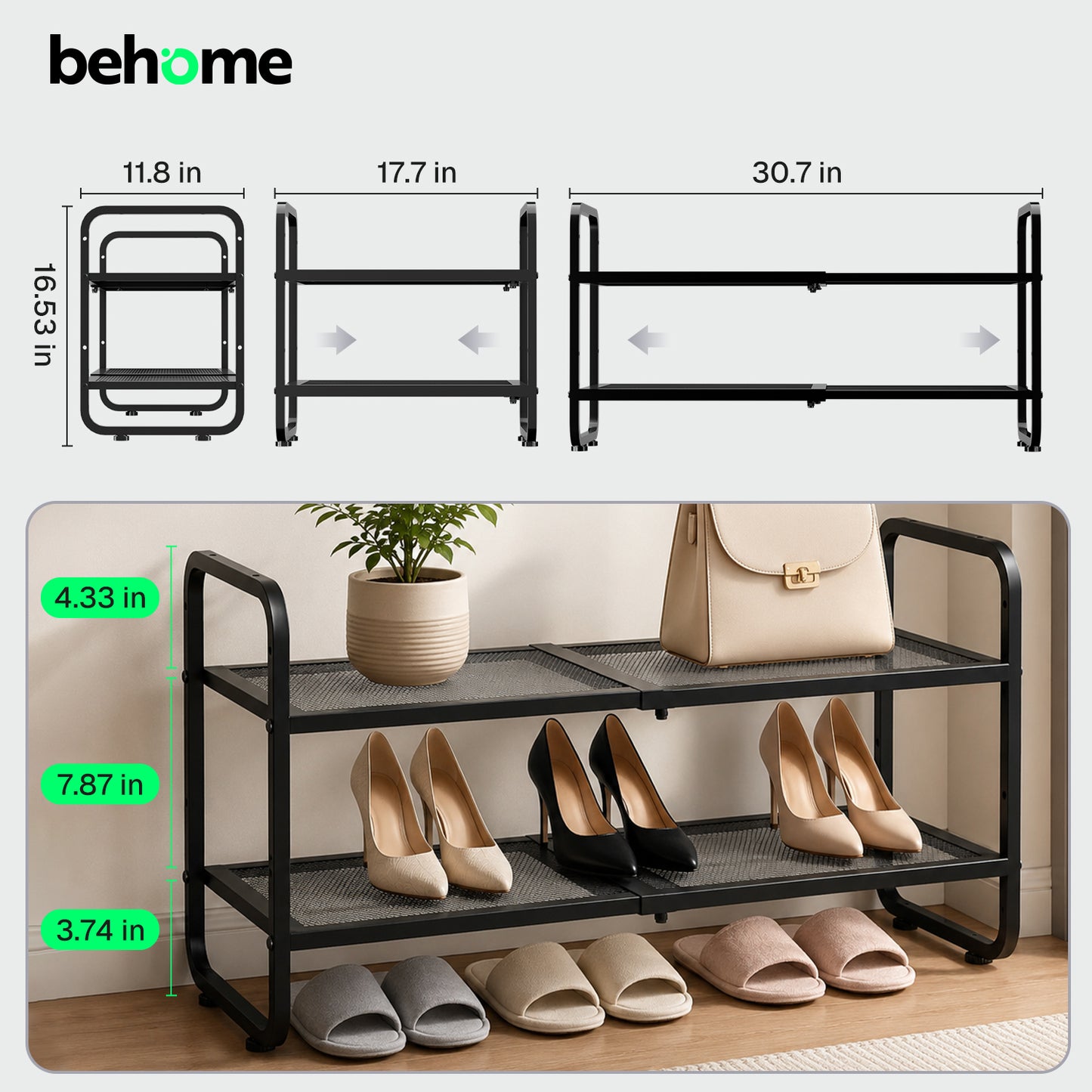 Behome 2-Tier Expandable Shoe Rack, Metal Shoe Shelf Storage, Adjustable Shoes Organizer for Closet, Entryway, Hallway, Garage, Front Door
