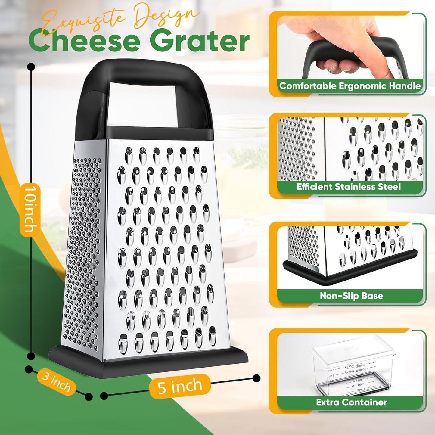Behome Cheese Grater with Container, 4-Side Stainless Steel Cheese Shredder & Vegetable Chopper with Slip Resistant Handle, Box Grater for Fruit, Vegetables, Ginger