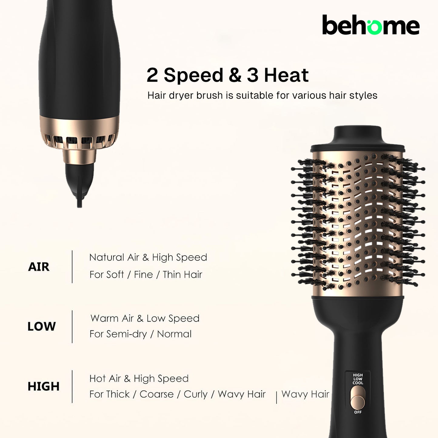 Behome Hair Dryer Brush, 4-in-1 Blow Dryer Brush with Oval Ceramic Barrel,Hot Air Brush for Fast Styling,Frizz-Free,Voluminous Blowouts, Gold Black