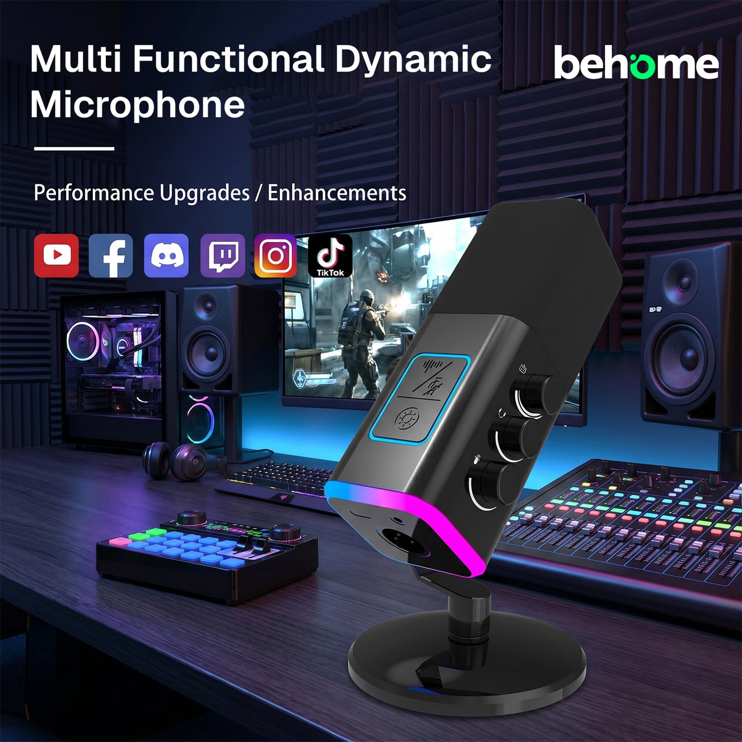 Behome 360° XLR USB Microphone, Podcast Microphone with RGB Light, Noise Cancellation, Volume Adjustment, Mute Button, Earphone Jack, Gaming Microphone,Balck